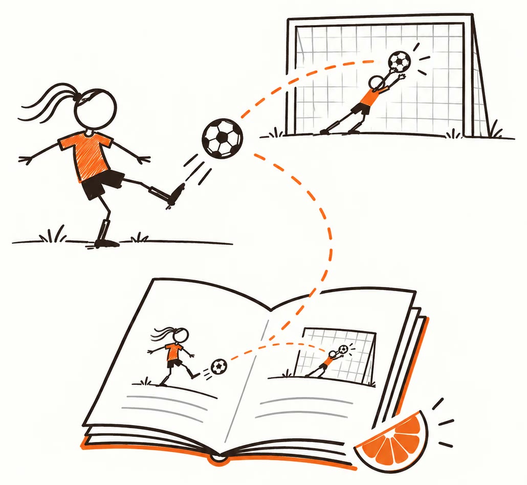 A doodle: a girl in an orange shirt kicks the ball, the keeper dives for it, and the same moment ends up drawn in an open book